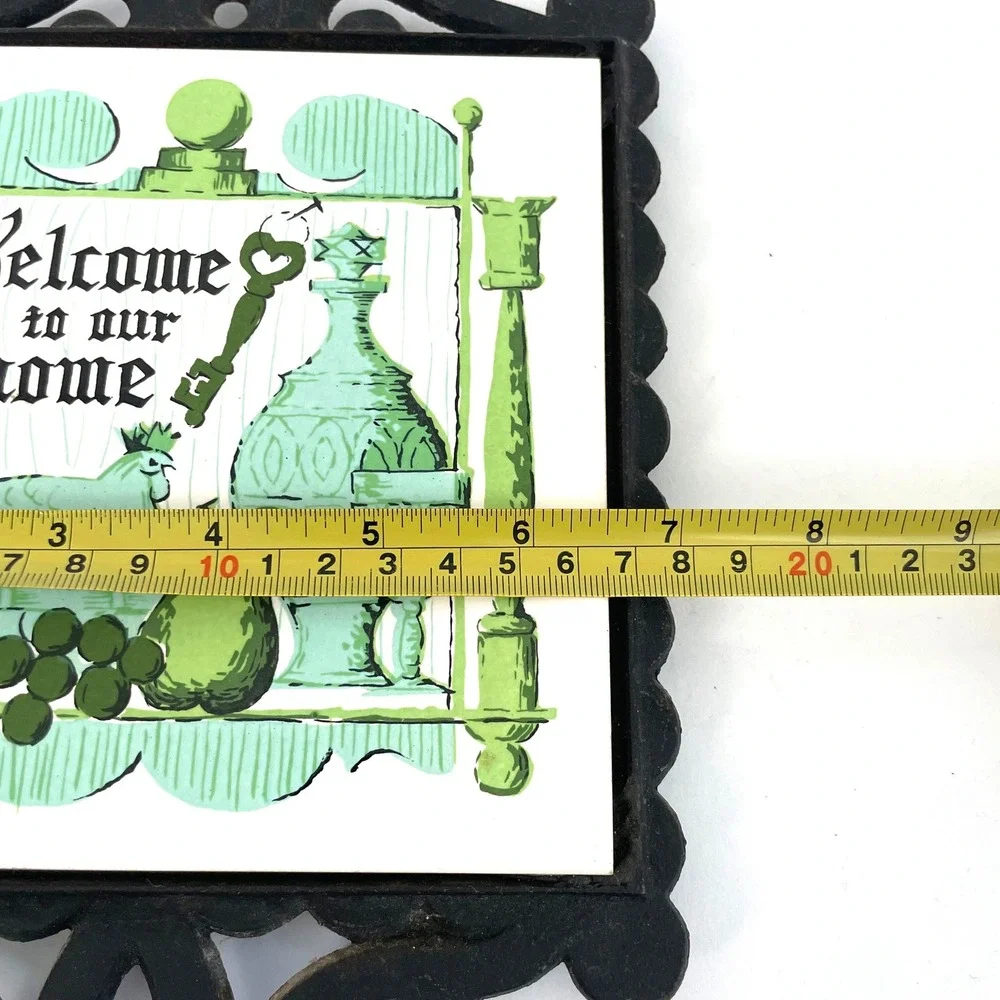 Vintage Labeco Japan Cast Iron Ceramic Trivet Welcome To Our Home Green White